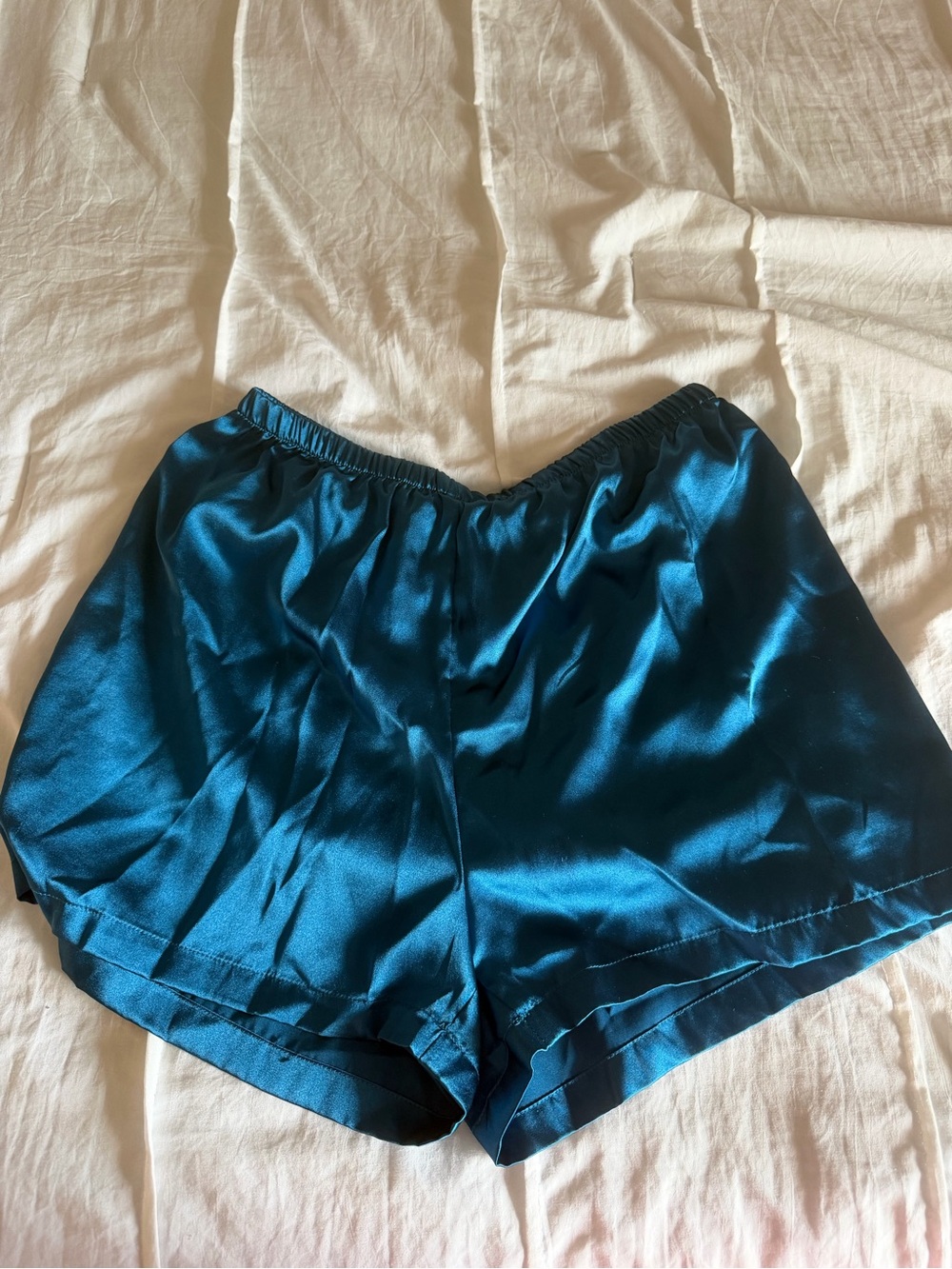 Silk Teal Short Sleeve Pajama Set with White Details - Picture 7 of 8